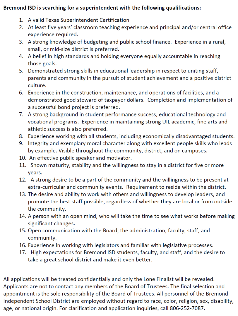 Bremond ISD - Employment Opportunities